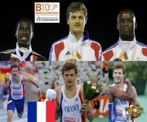 Christophe Lemaitre of 200 m champion, Christian Malcolm and Martial Mbandjock (2nd and 3rd) of the European Athletics Championships Barcelona 2010 puzzle