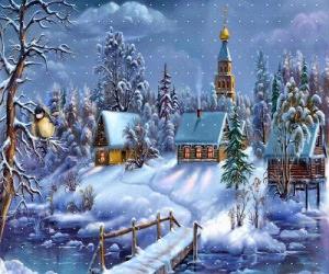 Church at Christmas with fir under the stars puzzle