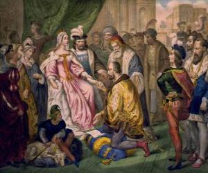 Columbus talking to the Queen Isabel I of Castile, in the court of Ferdinand and Isabella puzzle