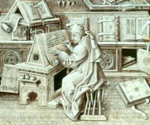 Copyist monk working with pen and ink on parchment or paper in the scriptorium puzzle