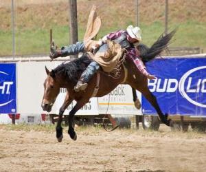 Cowboy riding a rearing horse in a rodeo puzzle