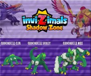Crocorilla Cub, Crocorilla Scout, Crocorilla Max. Invizimals Shadow Zone. A powerful nocturnal creature that lives in the african lakes puzzle