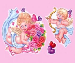 Cupid with bow and arrow with another angel with a bouquet of flowers between hearts puzzle