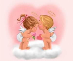 Cupids lovers on Valentine's heart puzzle