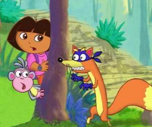 Dora and Boots the monkey hiding the villain of Zorro puzzle
