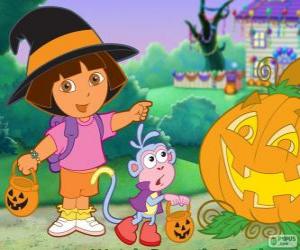 Dora and Boots the monkey celebrate Halloween puzzle