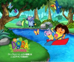Dora and her friend boots the Monkey on a boat puzzle