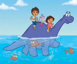 Dora, her cousin Diego, Boots the monkey crossing a lake on top of a Dinosaur puzzle