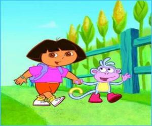 Dora the explorer girl next to the monkey Boots exploring puzzle