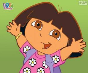 Dora the Explorer, with a shirt with flowers puzzle