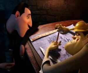 Dracula reviewing the plans of the Hotel Transylvania puzzle