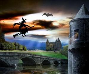 Enchanted castle on Halloween night with the witch flying on her magic broom puzzle
