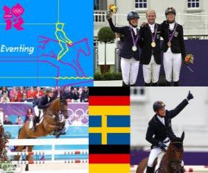 Equestrian riding individual eventing podium, Michael Jung (Germany), Sara Algotsson Ostholt (Sweden) and Sandra Auffahrt (Germany) - London 2012- puzzle