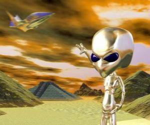 Extraterrestrial next to its spaceship in a very distant planet puzzle