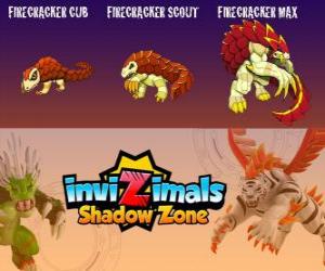 Firecracker Cub, Firecracker Scout,Firecracker Max. Invizimals Shadow Zone. Creatures of fire and ashes that live at the bottom of the volcanoes puzzle