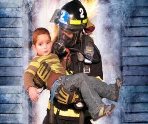 Firefighter holding a child in arms puzzle