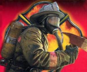 Firefighter leaving a building with the axe or ax in hand puzzle