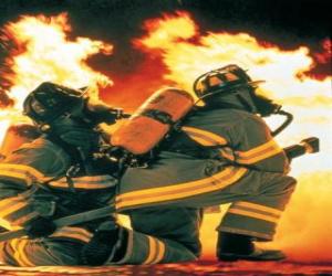 Firefighter with a knee on the floor and hose ready puzzle