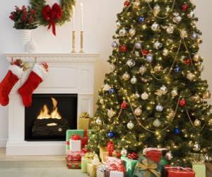 Fireplace in Christmas with the hung socks and with Christmas decorations puzzle