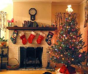 Fireplace in Christmas with the hung socks and with Christmas decorations puzzle