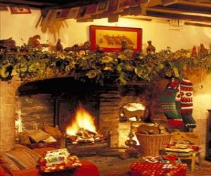 Fireplace with the fire lit and the Christmas decorations puzzle