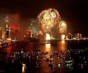 Fireworks in celebration of New Year in Hong Kong puzzle