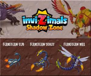 Flameclaw Cub, Flameclaw Scout, Flameclaw Max. Invizimals Shadow Zone. This creature resembling a scorpion is the king of the Egyptian desert puzzle