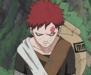 Gaara is a ninja of Sunagakure, the Village Hidden in the Sand puzzle