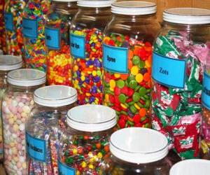 Glass containers with different kinds of candy puzzle