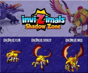 Goldbug Cub, Goldbug Scout, Goldbug Max. Invizimals Shadow Zone. Golden beetle comes from ancient Egypt of the Pharaohs. Invizimal fast and hard puzzle