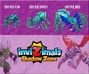 Gotica Cub, Gotica Scout, Gotica Max. Invizimals Shadow Zone. Small Invizimal but with immense power, Gotica is feared by all in the Mexican jungle puzzle