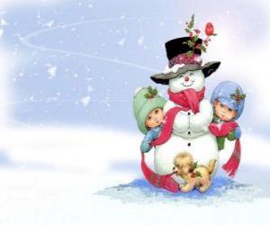 Group of children playing and a dog to make a snowman puzzle