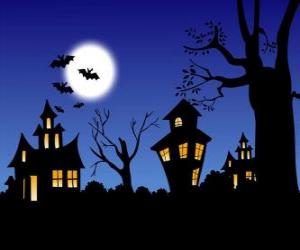 Haunted house at Halloween - Full moon, bats puzzle