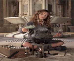 Hermione Granger, friend of Harry, making a potion puzzle