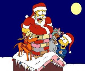 Homer and Bart Simpson help Santa Claus with gifts puzzle