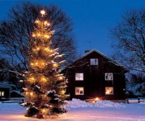 House with a large decorated Christmas tree in the garden puzzle