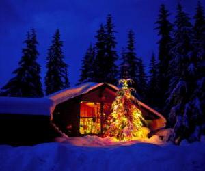 House with a large decorated Christmas tree in the garden puzzle