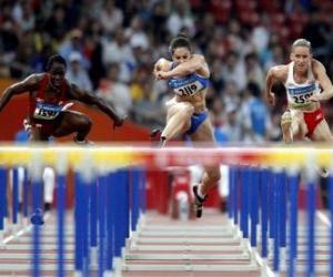 Hurdling, athlet crossing over the hurdle barrier puzzle