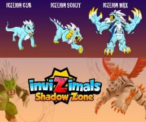 Icelion Cub, Icelion Scout, Icelion Max. Invizimals Shadow Zone. Lethal lonely hunter with the body made of ice that lives in the polar regions puzzle