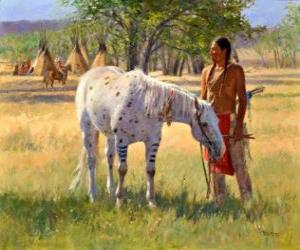 Indian warrior with his horse near the camp puzzle