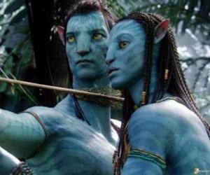 Jake's na'vi avatar and Neytiri ready to launch an arrow puzzle