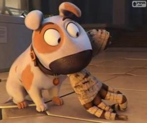 Jeff the dog with the arm of a mummy in the mouth puzzle