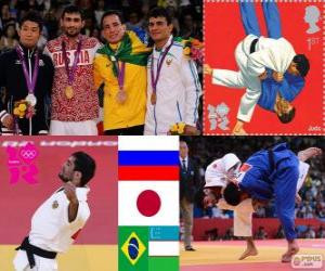 Judo men's - 60 kg podium, Arsen Galstian (Russia), Hiroaki Hiraoka (Japan) and Philip Kitadai (Brazil), (Uzbekistan) - London 2012 - Rishod Sobirov puzzle