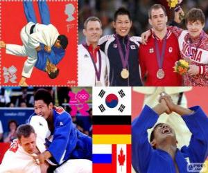 Judo men's 81 kg podium, Kim Jae-Bum (South Korea), Ole Bischof (Germany) and Ivan Nifontov (Russia), Antoine Valois-Fortier (Canada) - London 2012 - puzzle