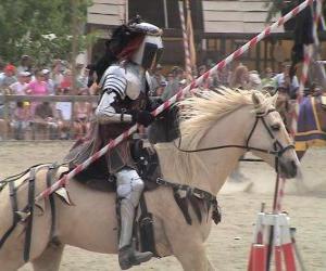 Knight in armor and with his spear ready mounted on his horse also protected with armor puzzle