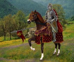 Knight with helmet and armor and with his spear ready mounted on his horse puzzle