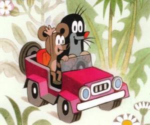 Krtek the Little Mole driving a jeep along with the little mouse puzzle