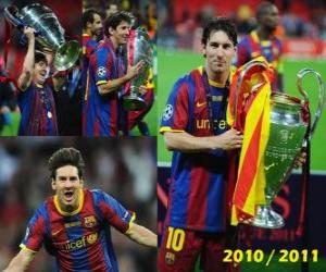 Leo Messi celebrating the 2010-2011 Champions League puzzle