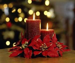 Lighted candles as a centerpiece decorated with Christmas flowers puzzle