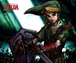 Link with sword and shield in the adventures of The Legend of Zelda video game puzzle